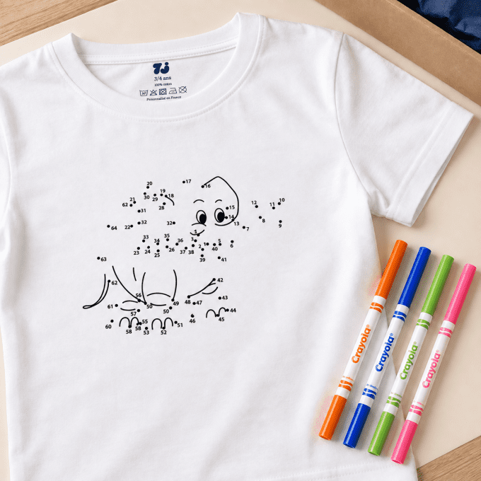 T-SHIRT ÉLÉPHANT À COLORIER | RELIER LES POINTS (3–8 ANS)