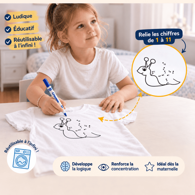 T-SHIRT ESCARGOT À COLORIER | RELIER LES POINTS (3–6 ANS)