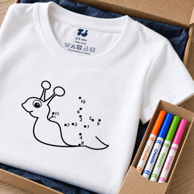T-SHIRT ESCARGOT À COLORIER | RELIER LES POINTS (3–6 ANS)