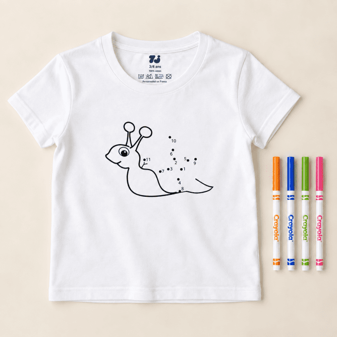 T-SHIRT ESCARGOT À COLORIER | RELIER LES POINTS (3–6 ANS)